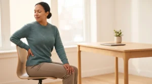 Adult seated at a desk twisting the upper body to one side with a hand on the lower back, stretching until it pops