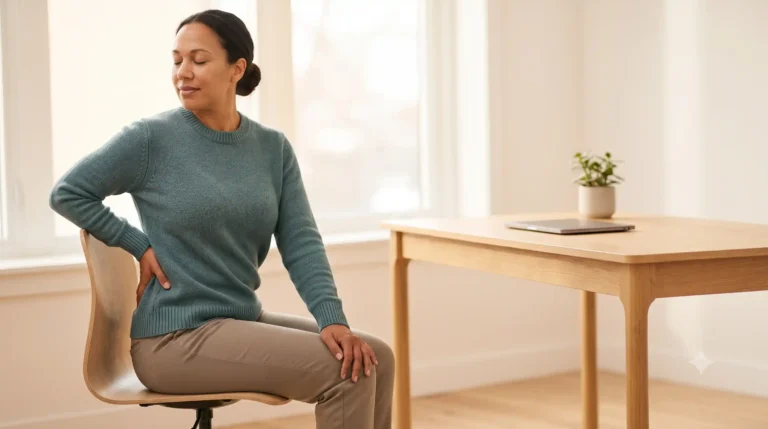 Adult seated at a desk twisting the upper body to one side with a hand on the lower back, stretching until it pops