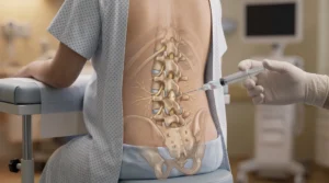 A detailed medical visualization showing the posterior view of a pregnant female patient in a hospital gown, sitting on an examination table. A clear anatomical illustration of her lumbar spine and a uterus containing a fetus is superimposed on her lower back. A gloved hand of a medical professional holds a syringe, poised to administer an epidural injection into the spinal space. The clinical background includes blurred equipment.