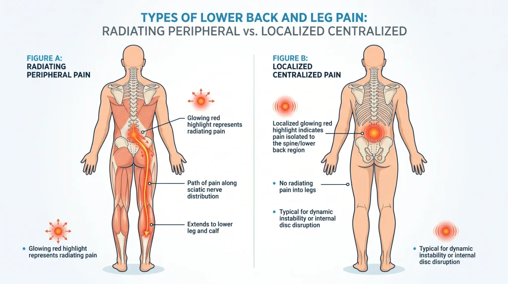 "A medical illustration showing two human figures from behind, comparing peripheralized back pain radiating down the leg versus centralized pain localized in the lower back."