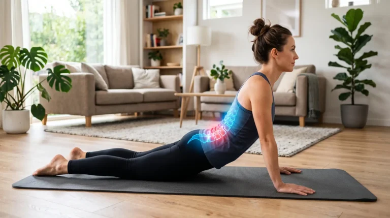 "A person performing a McKenzie press-up exercise on a yoga mat at home, featuring a glowing spine graphic that illustrates lower back pain centralization and relief."