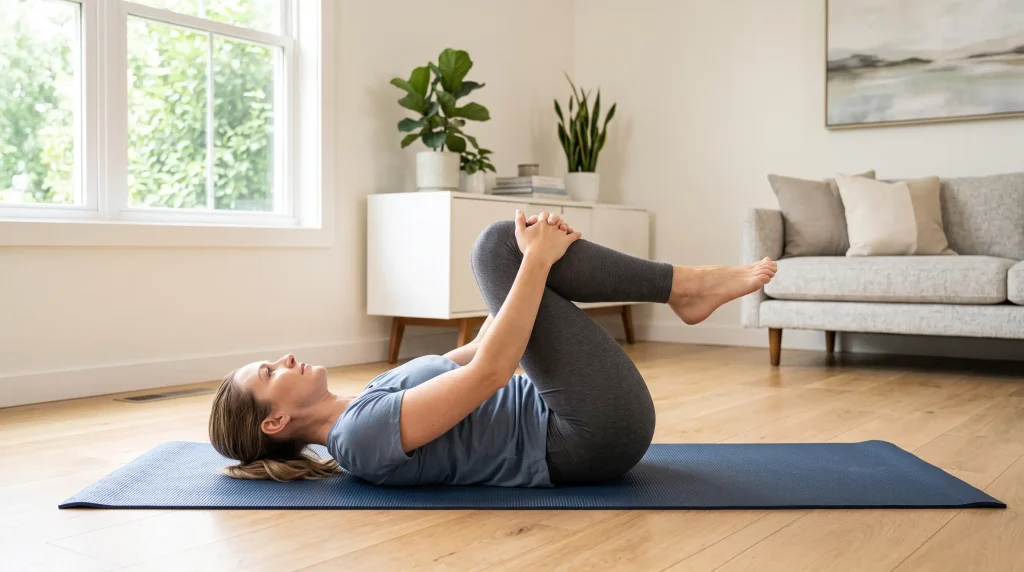 A person lying on a yoga mat performing a double knee-to-chest stretch to relieve lower back pain as part of a flexion progression."