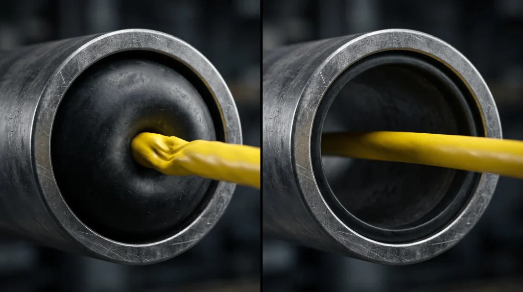A visual analogy demonstrating spinal nerve compression. The left shows a large rubber bulge crushing a yellow electrical cable inside a metal pipe, representing mechanical nerve root compression. The right shows a smaller bulge in the same sized pipe with ample space for the cable, illustrating an asymptomatic disc bulge.