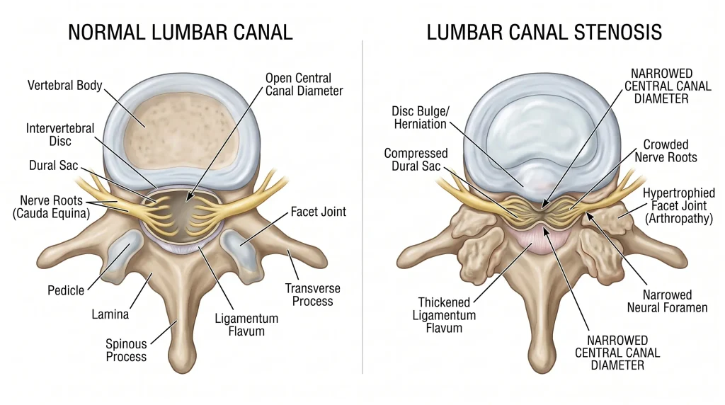 "A two-panel medical diagram comparing an axial cross-section of a healthy lumbar spine with an open central canal and clear cauda equina nerve roots (left, 'NORMAL LUMBAR CANAL'), to one affected by lumbar canal stenosis (right, 'LUMBAR CANAL STENOSIS'). The right panel shows severe narrowing caused by factors like disc herniation, thickened ligaments, and hypertrophied facet joints, illustrating compressed nerve roots and multiple points of 'Narrowed Central Canal Diameter' with detailed anatomical labels."