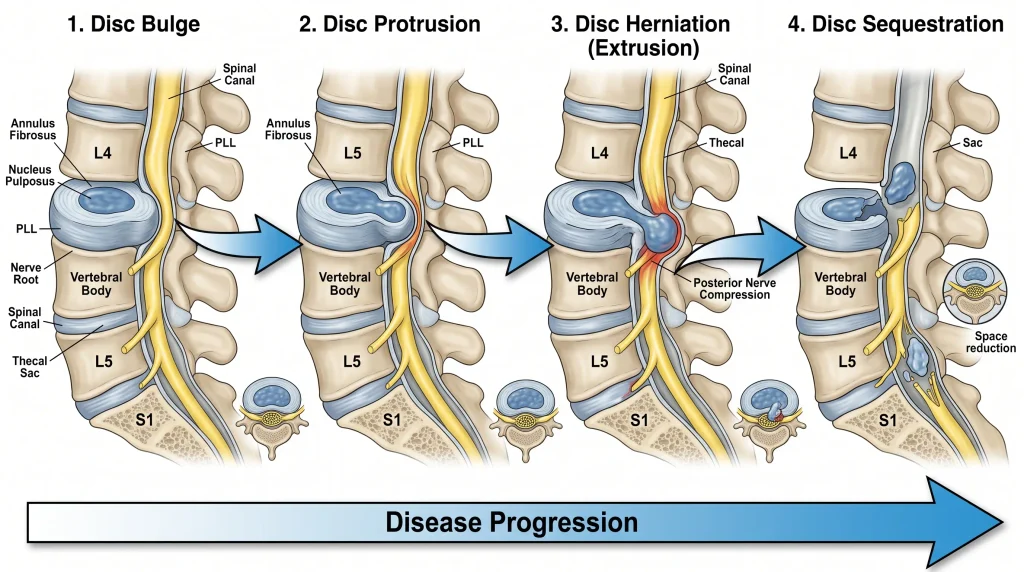 A 4-panel medical illustration showing the posterior disease progression of a spinal disc. The sequence, marked with arrows, shows a disc bulge, disc protrusion, disc herniation (extrusion), and disc sequestration displacing backward into the spinal canal and compressing the nerve root.