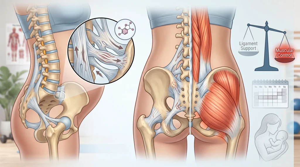 A medical-style illustration with two main panels depicting musculoskeletal and hormonal changes in the lower back and pelvis during pregnancy and postpartum. The left panel shows a profile view of a pregnant body with a skeletal and ligament overlay, including a magnified inset showing ligament structure, arrows indicating movement, and a relaxin hormone molecular icon. The right panel is a posterior skeletal view, split down the middle, with overlays including a balance scale contrasting 'Ligament Support' and 'Muscular Control', a calendar, and a small, faded illustration of a mother holding a baby, to illustrate a timeline of postpartum recovery and muscular adaptation.