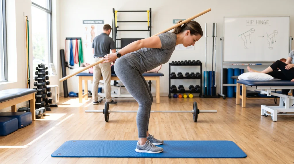 A physical therapy patient performing a proper hip hinge exercise, holding a dowel rod against their back to maintain a neutral spine