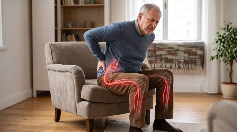"A photograph of an elderly man in a blue sweater and corduroy pants sitting in a beige armchair in a well-lit living room. He is grimacing in pain and clutching his lower back with both hands. A translucent anatomical diagram is overlaid on his body, showing a glowing red visualization of the lumbar spine and the sciatic nerve pathways extending down into both of his legs, illustrating bilateral sciatica. Text in the upper left corner reads 'Sciatica in Both Legs: Causes and What It Means'. The setting includes bookshelves and potted plants in the background."