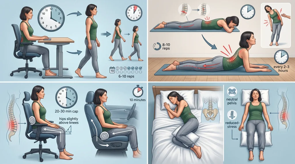 A comprehensive four-panel infographic detailing spine health management techniques and ergonomic guidelines. Panel illustrations include correct sitting and standing posture with a walking routine; specific prone exercises (such as the Cobra stretch) with repetition and frequency instructions for back pain relief; proper ergonomic sitting posture with lumbar support and time limits; and recommended sleeping positions for neutral pelvis alignment and reduced spine stress, all featuring consistent body diagrams and quantifiable instruction icons.