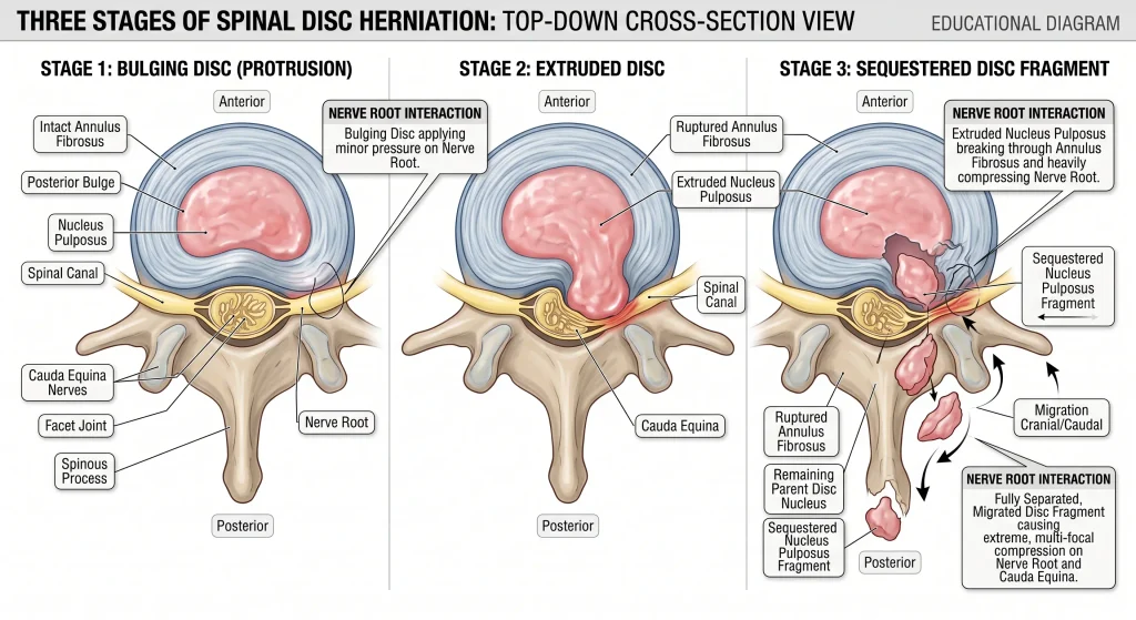 Medically accurate cross-section diagram of a lumbar spinal disc showing the progression from a bulging disc to an extrusion and a sequestered free fragment