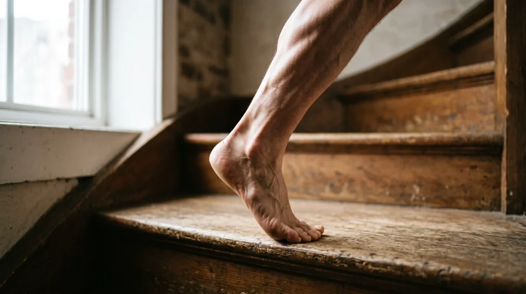 Close up of a person's foot performing a strong calf raise on the edge of a stair step, demonstrating healthy motor function and push-off strength.