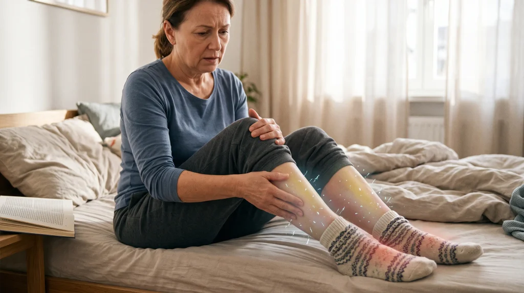 A photograph of a distressed middle-aged woman sitting on the edge of a bed. She is holding her lower leg and looking concerned. Her shins and patterned knit socks are highlighted by a multi-colored glowing light effect and digital sparkle overlays, graphically representing sensations such as pain, tingling, or numbness.