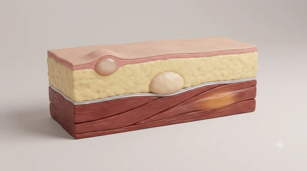  Cross-section of lower back layers showing a skin cyst, a fatty lump sitting above the fascia and a tender knot within muscle