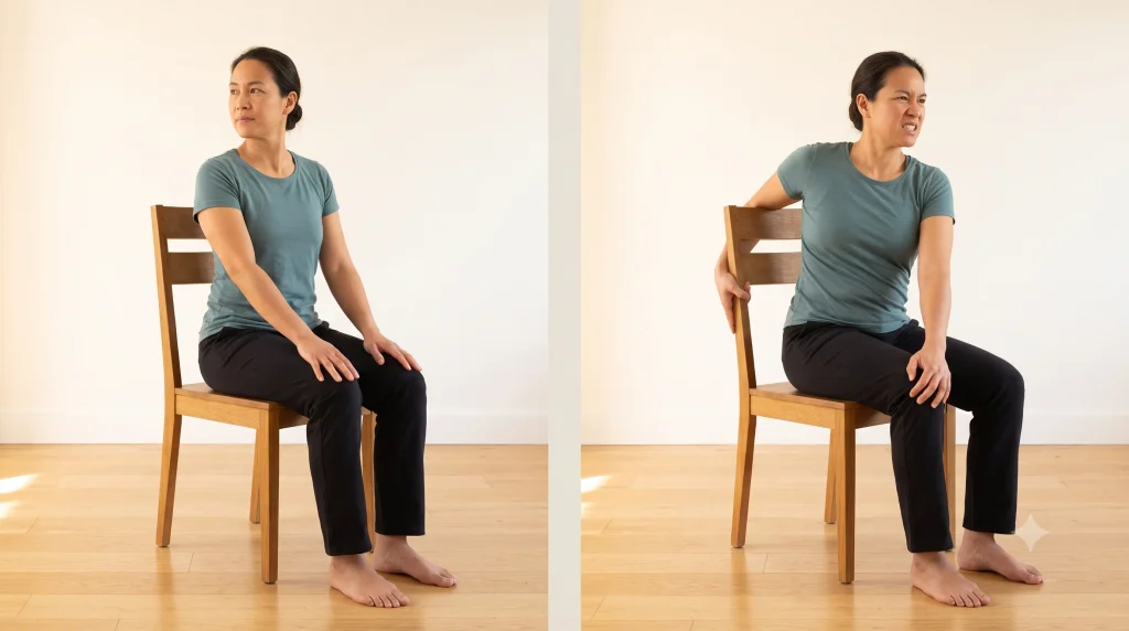 Same person seated twice: a gentle twist with hands on the knee, then an arm hooked around the chair back to force a crack