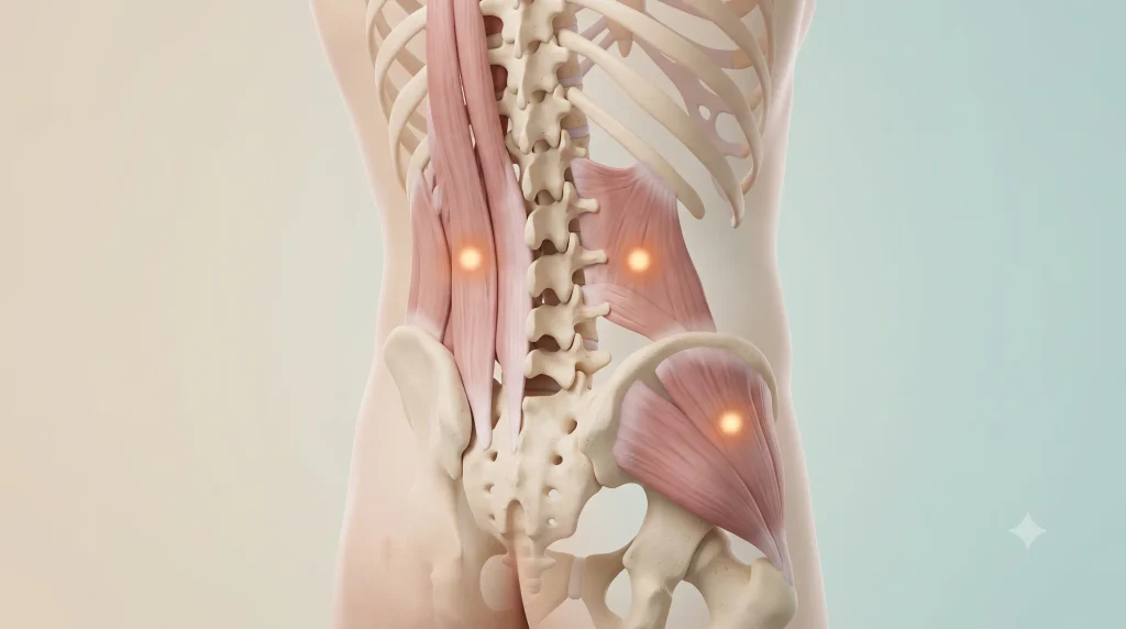 3D rear view of the lower back muscles with soft glowing spots where knots are often felt beside the spine and in the waist