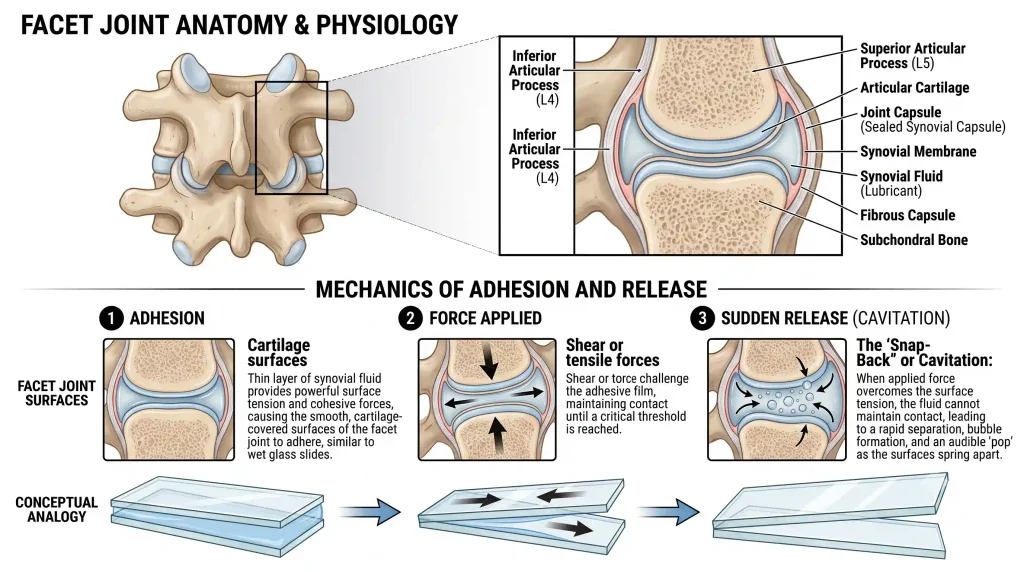 3D view of two lumbar vertebrae in a twist, one facet joint gapping open as a small gas bubble forms inside it
