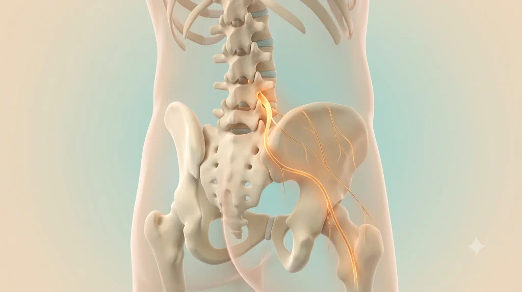 3D rear view of the lower spine with a nerve root leaving the spine and thin skin nerves crossing the top rim of the pelvis