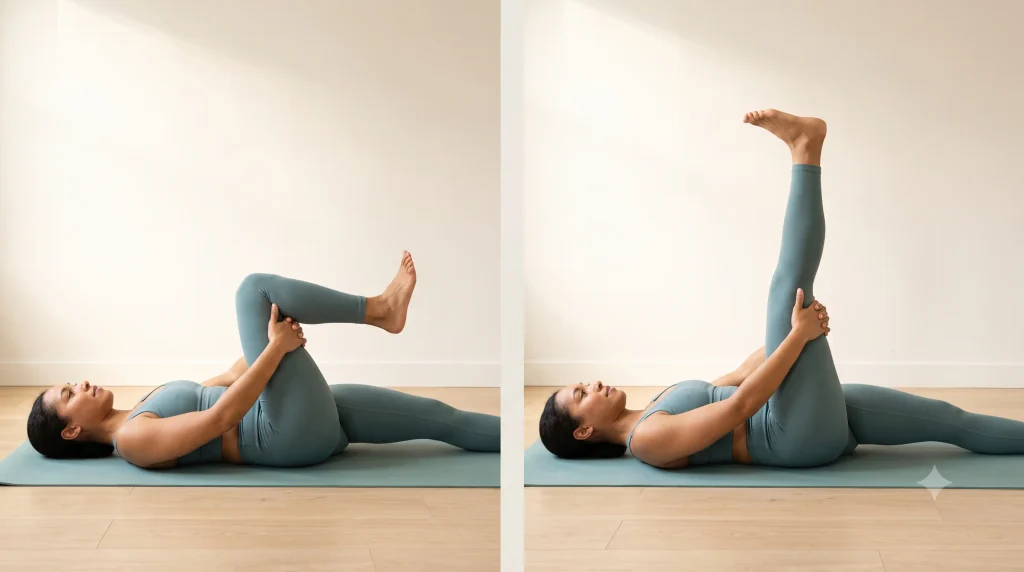 Lying nerve slider in two positions: knee bent with toes pulled up, then knee straightened with toes pointed away
