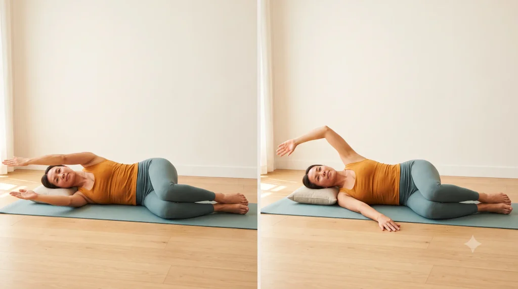 Side-lying open-book stretch, top arm sweeping open and chest turning upward while the stacked knees stay together