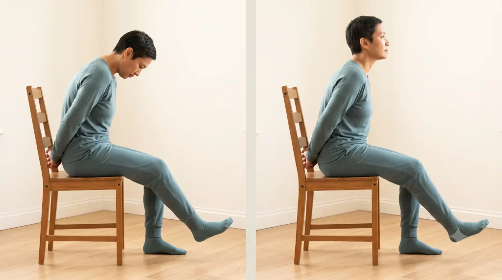 Seated slump self-test shown twice: chin down with one knee straight, then head lifted while the leg stays in place